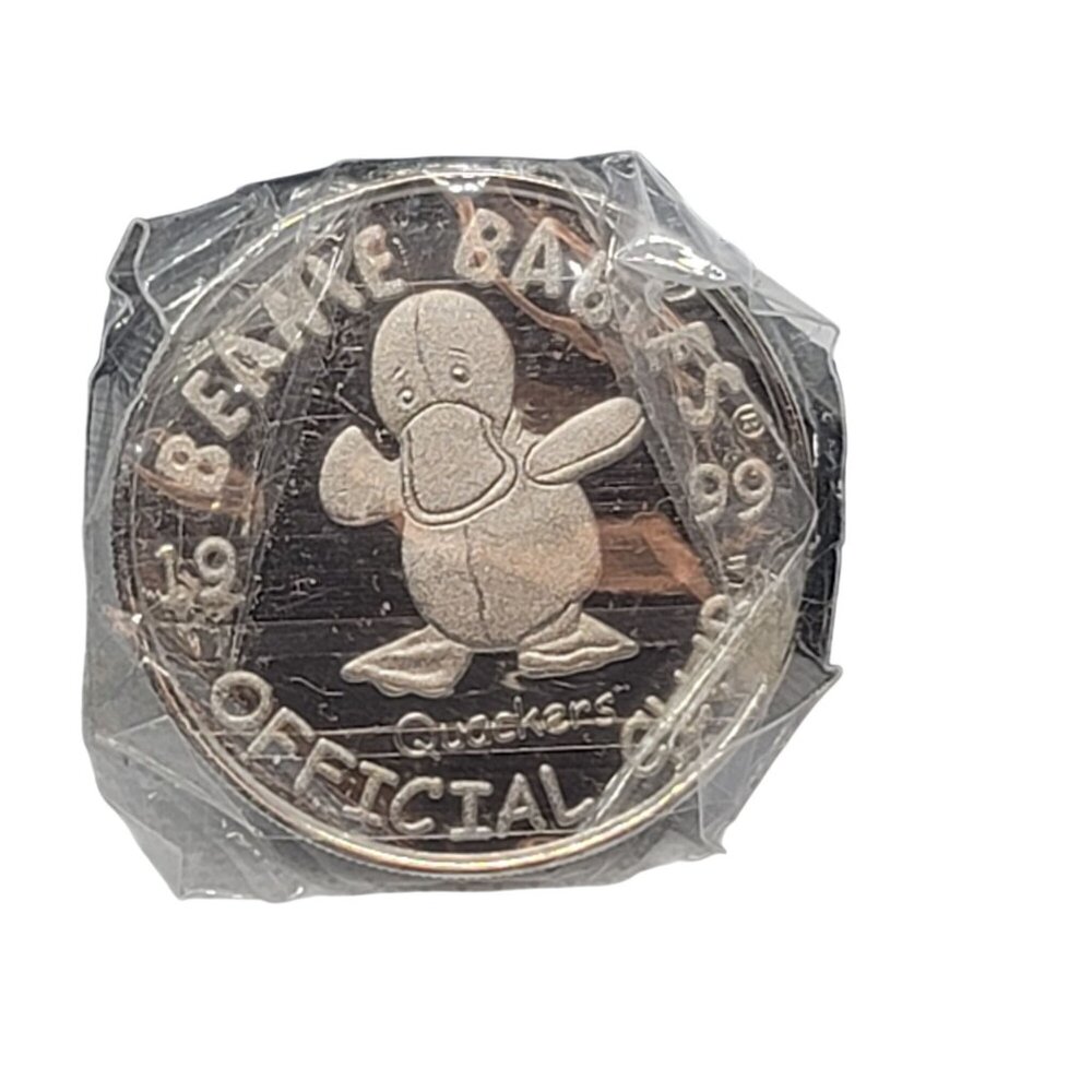 Ty Beanie Babies 1999 Official Club Quackers Duck Silver Coin Original Package